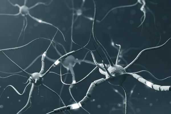 Gri Nöronlar Gri Arka Plan Üzerinde Parlayan Parçalarla Nöron Arayüzü — Stok fotoğraf