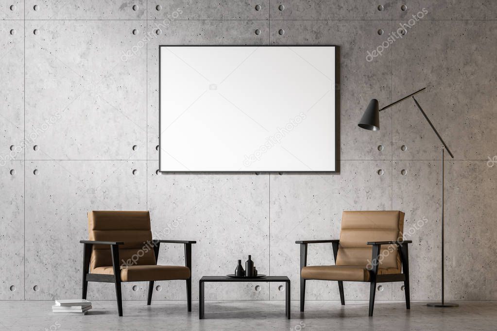 Living room interior with concrete floor and walls and two brown armchairs standing near a coffee table under a vertical mock up poster frame. 3d rendering