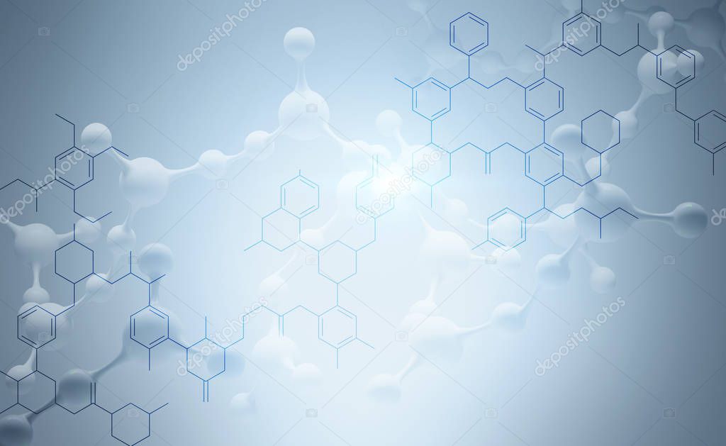 White molecule model over blue atomic grid and gray background. Concept of chemistry, physics and pharmacy. 3d rendering copy space toned image double exposure