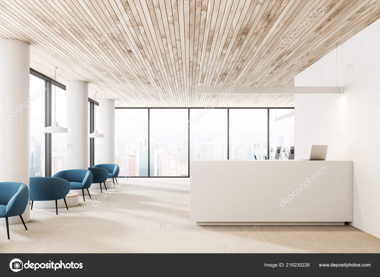 White Walls Columns Office Reception Hall Interior Wooden