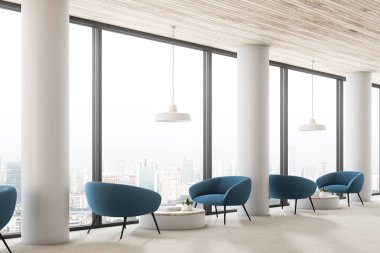 Office lounge alanı ile yuvarlak sehpa, mavi koltuklar, beyaz sütun ve bir cityscape panoramik pencereli. 3D render