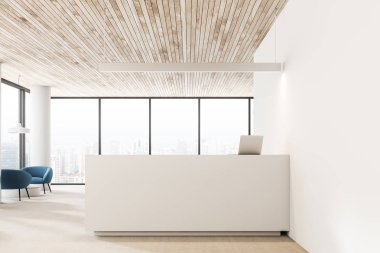 Beyaz duvarlar ve sütunlar office resepsiyon salonu iç ahşap tavan ile bir dizüstü bilgisayar ve yuvarlak sehpa yakınındaki mavi koltuklar ile beyaz resepsiyon masası. 3D render kopya alanı