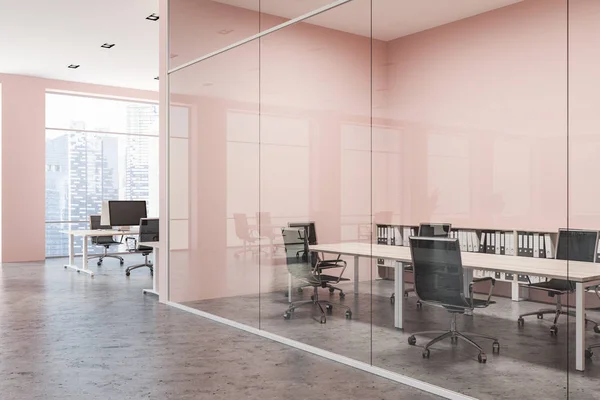 Elegante Sala Conferências Interior Com Paredes Rosa Vidro Mesa Madeira — Fotografia de Stock