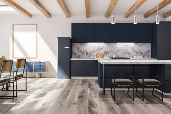 White studio flat kitchen interior with white marble wall, black countertops and fridge, a bar with chairs. 3d rendering Vertical mock up poster