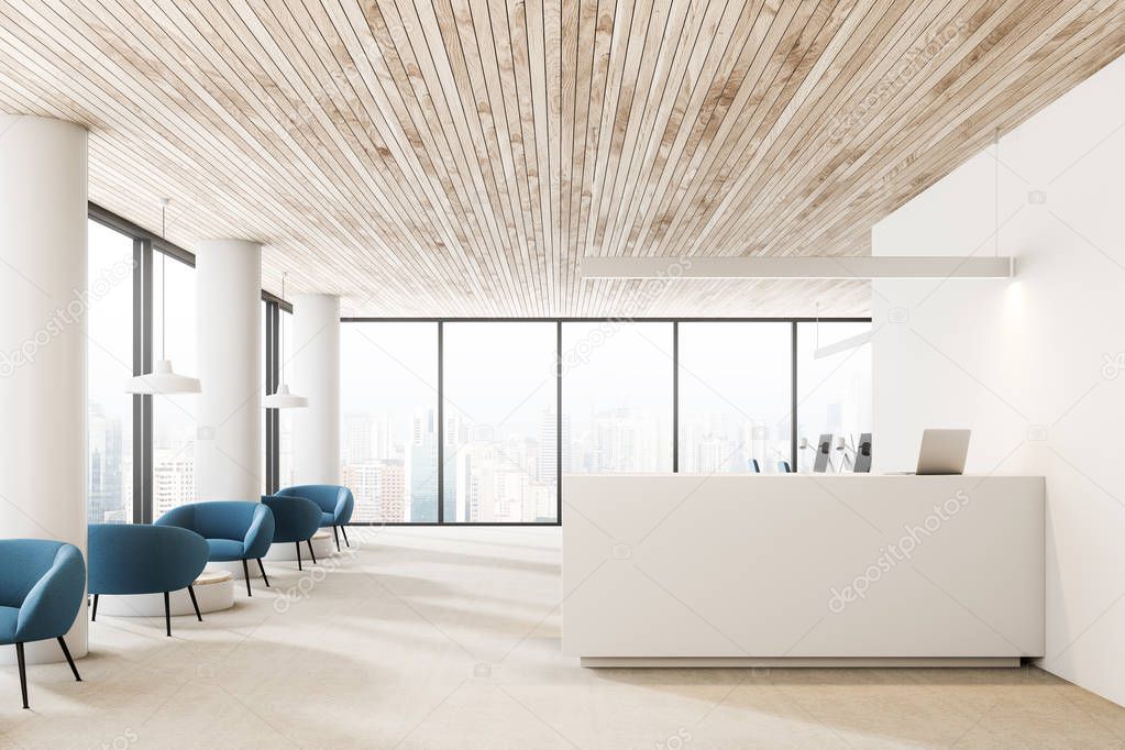 White walls and columns office reception hall interior with wooden ceiling, white reception desk with a laptop and row of blue armchairs near round coffee tables. 3d rendering copy space