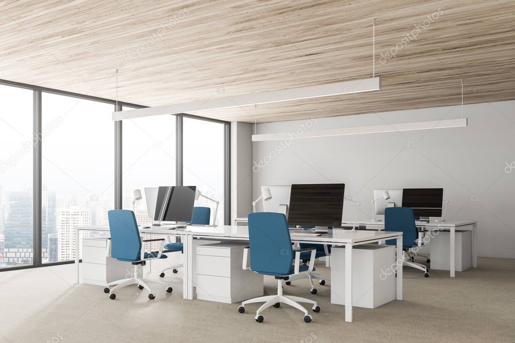 Side view of white walls open space office interior with wooden ceiling, rows of computer tables with black screen monitors and blue chairs. 3d rendering copy space