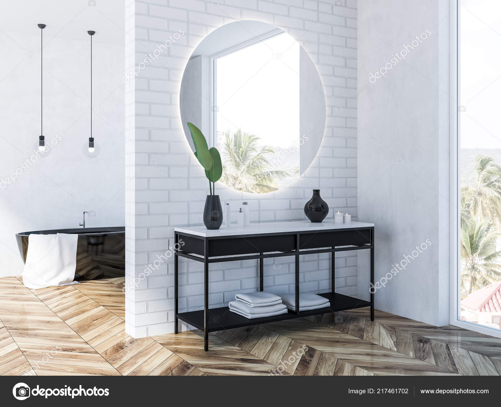 Side View White Brick Bathroom Interior Black Bathtub Mirror