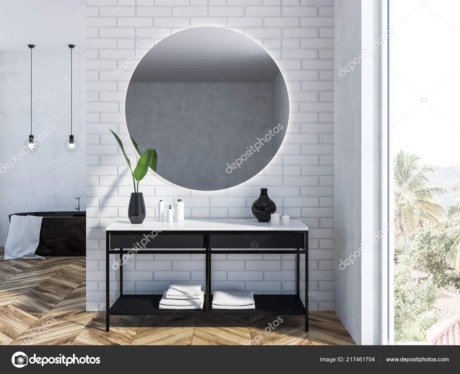 White Brick Bathroom Interior Black Bathtub Mirror - Mirror Above Vanity Images White Brick Bathroom Interior Black Bathtub Mirror - Mirror Above Vanity Images