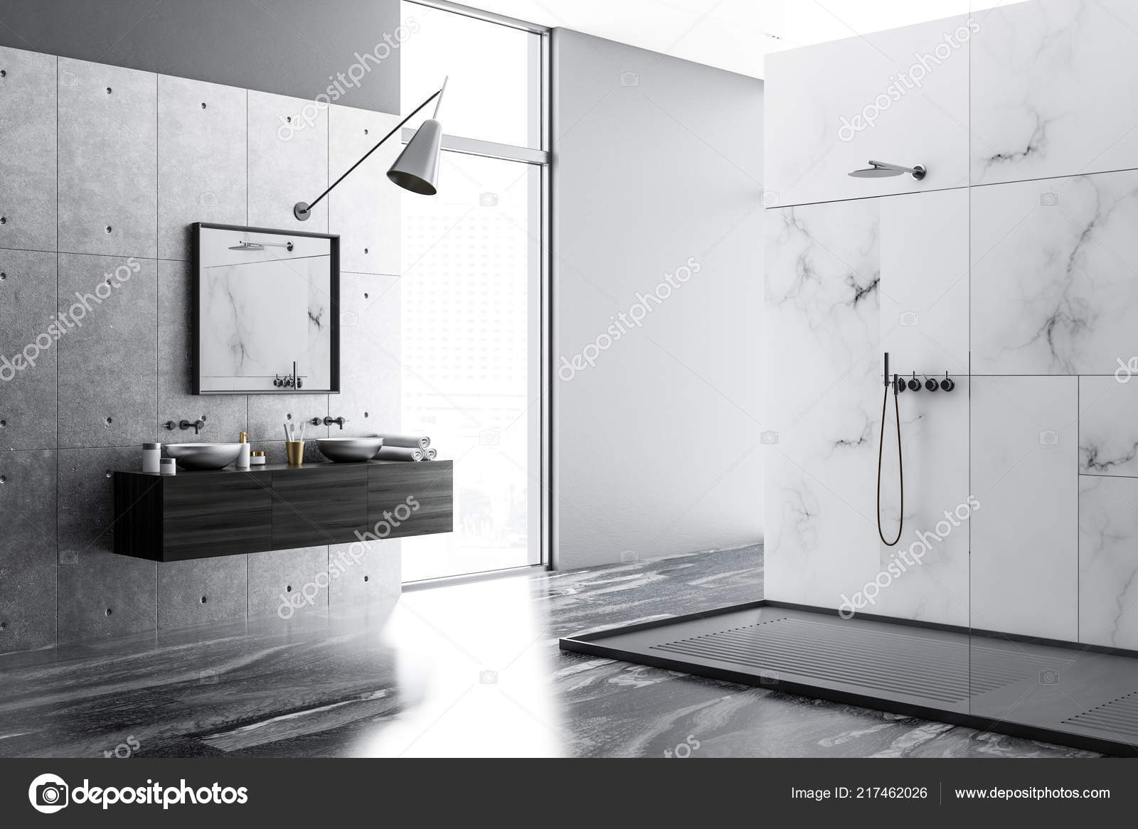 White Marble Bathroom Interior Black Marble Floor Double Sink
