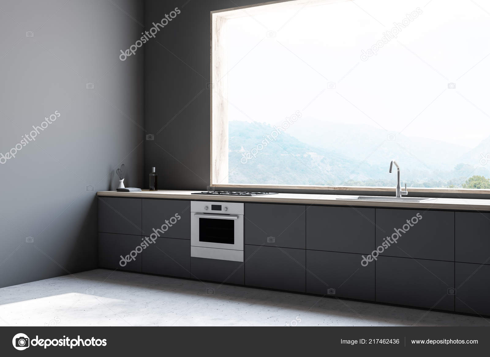 Side View Gray Kitchen Concrete Floor Big Window Mountain View