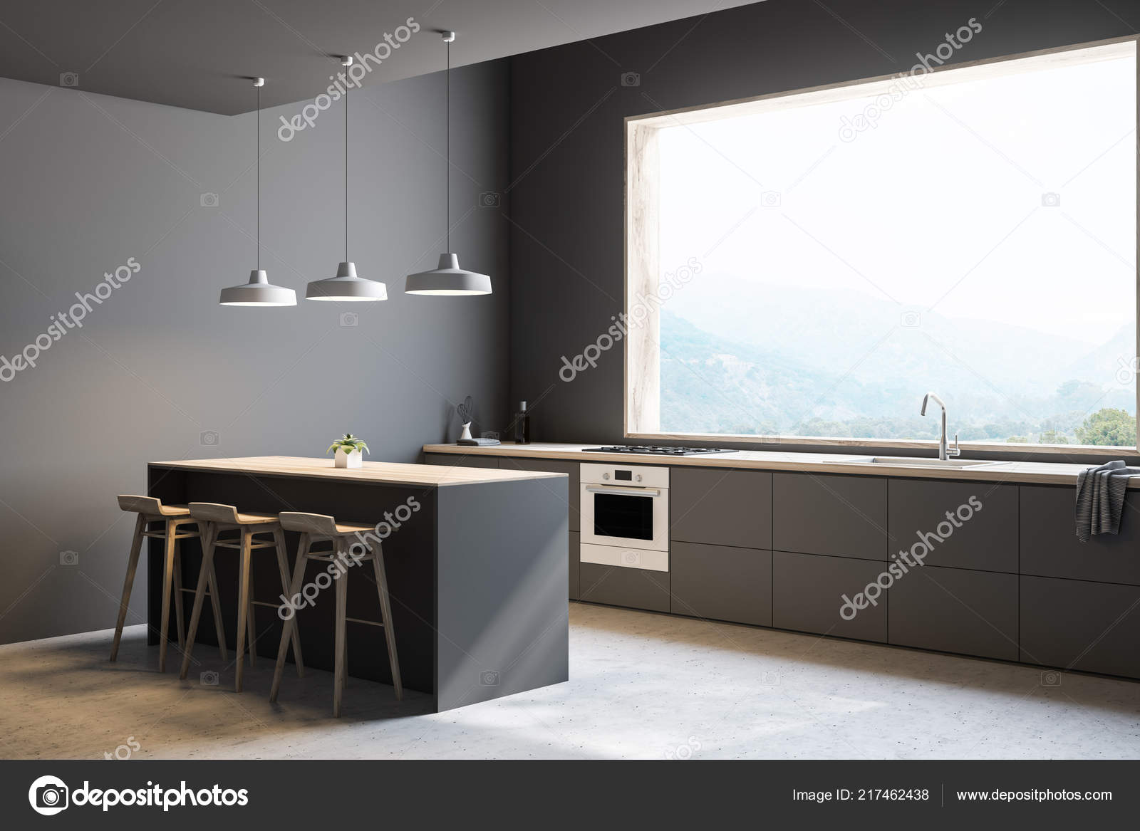 Gray Kitchen Corner Concrete Floor Big Window Mountain View Grey