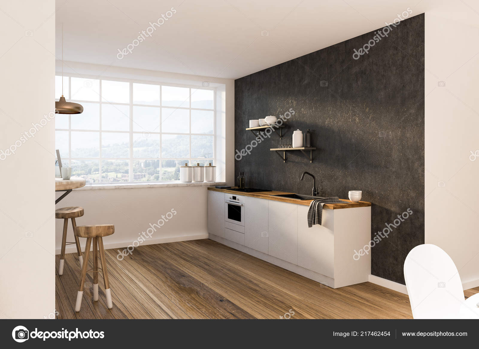 Gray White Kitchen Corner Wooden Floor Big Window Mountain View