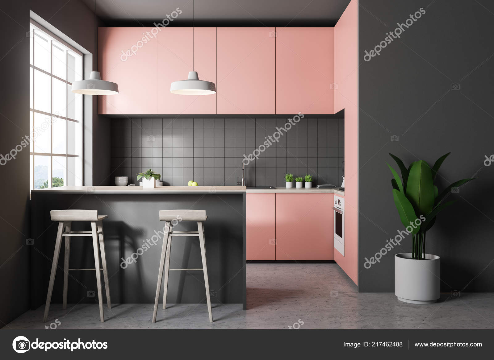 Front View Gray Tile Kitchen Concrete Floor Big Window Pink