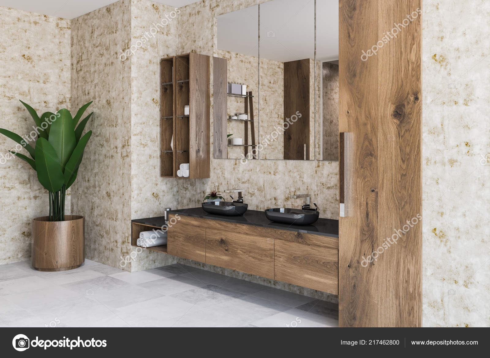 Corner Luxury Bathroom Wooden Walls Black Double Sink Standing