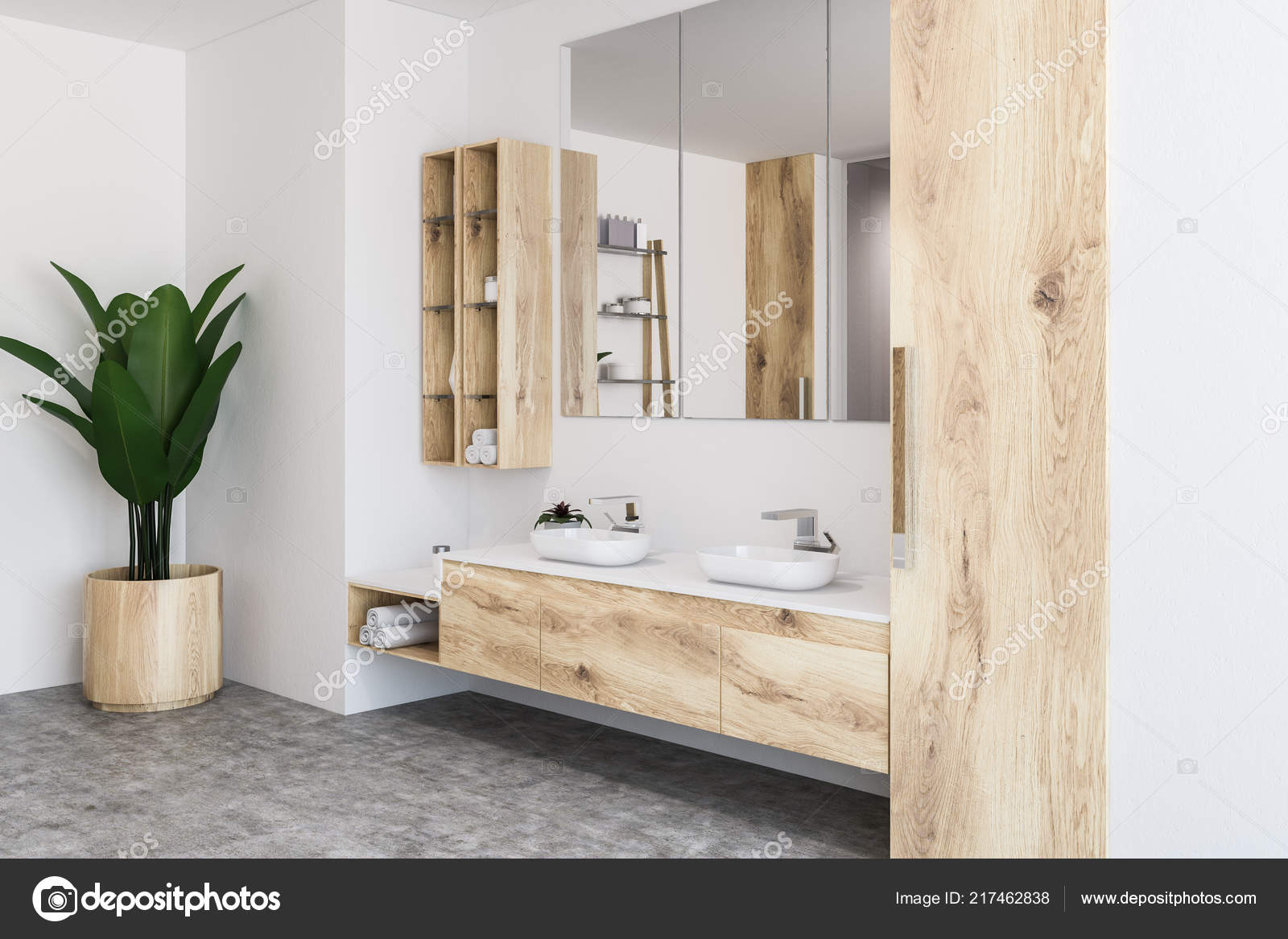 Corner Luxury Bathroom White Wooden Walls Double Sink Standing