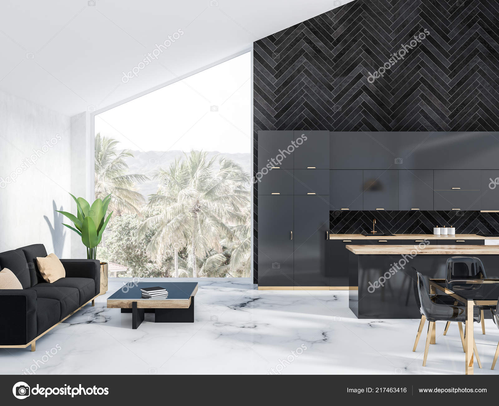 Attic Kitchen Interior Black Wooden Walls Panoramic Windows