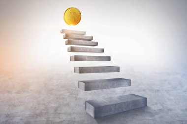 Beton merdiven üst parlayan bir doları madeni para ile gidiyor. Finansal başarı ve iş hedefleri kavramı. 3D render kopya alanı