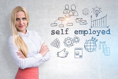 Blonde businesswoman in white shirt and pink skirt standing with crossed arms near a concrete wall with self employed text and icons on it. Toned image clipart