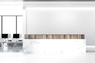 Ofis iç beyaz duvarlar, beton zemin siyah bilgisayar ekranları ve panoramik pencereler ile büyük beyaz tabloları satırları ile. Mermer ve ahşap Resepsiyon sayaç. 3D render