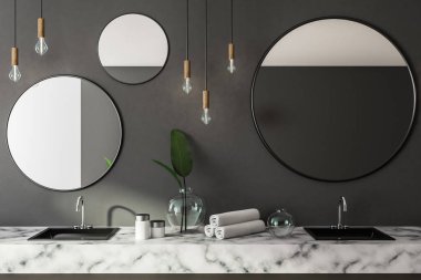Gri banyo iç ile mermer tezgah çift lavabo yuvarlak aynalar ve Rulo havlu. Lüks Otel, spa, ev kavramı. 3D render