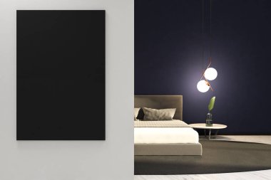 Koyu mavi duvar, beyaz bir ahşap zemin ve king size yataklı bir başucu masa ve şık lambalar ile minimalist yatak odası iç. 3B oluşturmayı dikey siyah resim kopyalama alanı