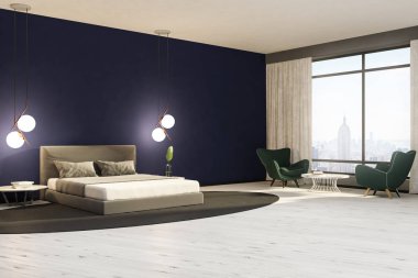 Koyu mavi duvar, beyaz bir ahşap zemin ve king size Yataklı İki başucu masaları ve şık lambalar ile minimalist yatak odası iç. Gri halı zemin üzerinde. 3D render kopya alanı