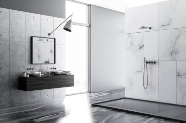 Siyah bir mermer zemin, kare bir ayna, bir duş ve bir çatı penceresi cityscape ile bir çift lavabo ile beyaz mermer banyo iç. 3D render