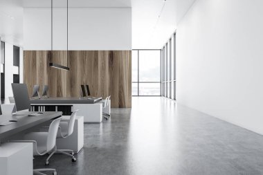 Beyaz ve ahşap duvarlar ile modern bir şirketin iç, beyaz bilgisayar masa sandalye ve bir panoramik pencere 3d render ile alanı kopyalayın.