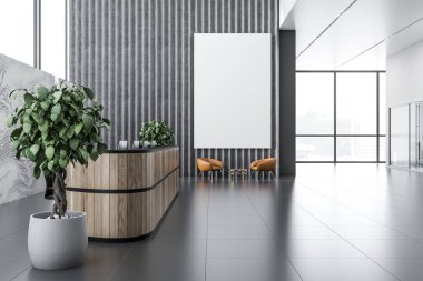Uzun beyaz ve gri resepsiyon masa ile ofis resepsiyon alanı, gri ve mermer duvarlar, panoramik pencerelere ve deri koltuklar temiz yakınındaki sehpa yuvarlak. 3D render dikey sahte kadar poster