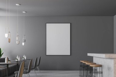 Bir beton zemin, küçük yuvarlak masalar ve gri koltuklar ve sandalyeler ile ışık gri bar iç. Retro lambaları. Mermer çubuk Yuvarlak tabureler. 3B oluşturmayı dikey poster çerçeve sahte