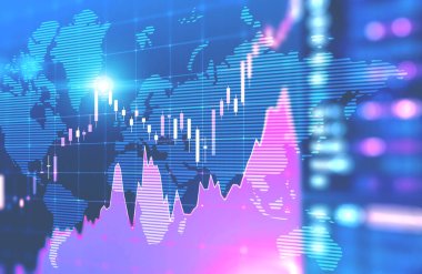 Mor forex grafikleri ve diyagramları üzerinde mavi arka plan. Sürükleyici arayüzü ve fintech kavramı. Tonlu görüntü çift pozlama öğeleri Nasa tarafından döşenmiş bu görüntünün sahte