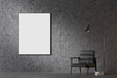 Beton zemin ve duvarlar ile oturma odası iç ve siyah bir koltuk ayakta dikey sahte poster çerçevesi kadar yakın. 3D render