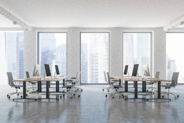 Endüstriyel stil alanı office iç beton duvarlar ve zemin, ahşap bilgisayar masa ve metal sandalyeler ile açın. 3D render