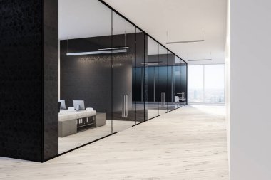 Lobi koltukları ve panoramik bir pencere ile petek desen ve cam duvarlar, beyaz bilgisayar masaları ile modern bir şirket. 3D render