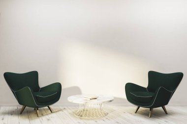 İç minimalist fırınlı beyaz duvarlı, ahşap zemin ile koyu yeşil koltuklar ve sehpa ayakta. 3D render kopya alanı