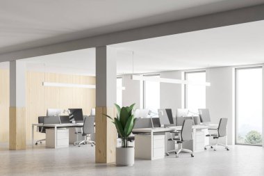 Çatı pencereleri ve açık alan alan şık ahşap ve beyaz duvar ofis iç. Bitki pot ve sütunlar. 3D render