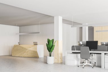 Modern ahşap ve beyaz ofis iç ahşap Resepsiyon Masa bilgisayarlar ve açık alan alanı ile. Tencereye bitki. 3D render