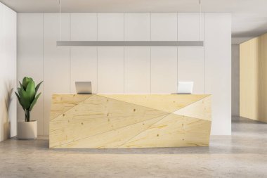 Uluslararası şirket ofis iç ahşap resepsiyon masası ve köşedeki tencerede büyük tesisi ile. 3D render kopya alanı