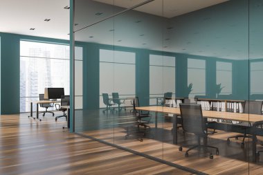 Şık konferans odası iç yeşil ve cam duvarlar, ahşap masa ve metal sandalyeler. Açık alan office içinde belgili tanımlık geçmiş. 3D render kopya alanı