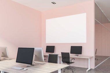Interior of open plan office with pink walls, a concrete floor and rows of wooden computer desks. 3d rendering Horizontal mock up poster clipart