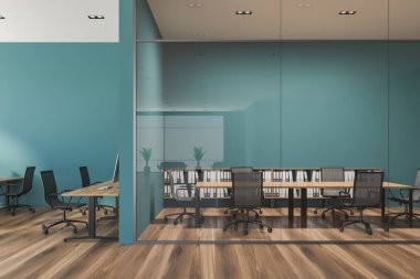 Interior of open plan office with green walls, a wooden floor, rows of wooden computer desks and glass wall conference room. 3d rendering copy space clipart