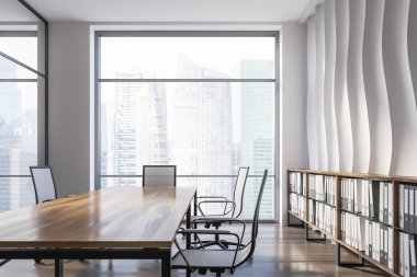 Toplantı odası iç dalga desen duvar, ahşap zemin, sandalye ve raf onlara klasörlerle satırlarının uzun tabloyla. Önden görünüm. 3D render