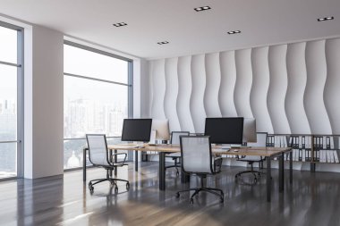 Corner of open plan office with wave pattern wall, wooden floor, rows of computer tables with chairs and shelves with folders in them. 3d rendering clipart