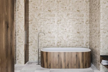 Lüks banyo ahşap duvarlar, beyaz ile iç döşeme zemin ve ahşap küvet. Dikey ayna. 3D render kopya alanı