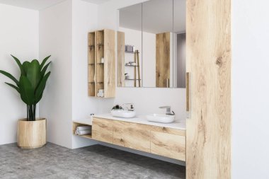 Lüks banyo beyaz ve ahşap duvarlar, ahşap ve beyaz tezgah üzerinde duran çift lavabo ile köşesine Rulo havlu ve kremler ile temizleyelim. 3D render