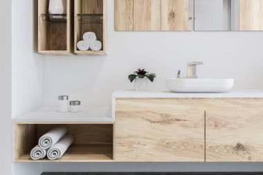 Bir beton zemin, uzun yatay bir ayna ile bir lavabo ve raflar ile rulo havlu ile beyaz ve ahşap duvar banyo iç. 3D render kopya alanı