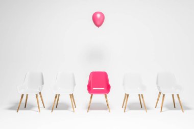Satır pembe bir sandalye ve bir balon üstündeki beyaz koltukları. Seçim ve benzersiz kavramı. 3D render kopya alanı