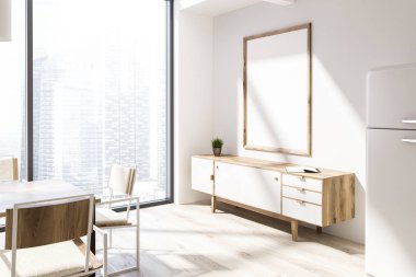Panoramik yemek odası ahşap zemin, ahşap masa ve beyaz sandalye ile köşesinde. Poster çerçevesi kadar dikey sahte çekmeceli ayarlayın. Modern cityscape. 3D render