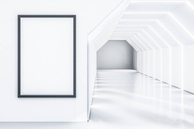 Fütüristik boş beyaz altıgen şekilli koridor yanan tavan ve duvarlar ile. Dikey poster çerçeve sahte. Yaratıcılık mimaride ve Merhaba kavramı teknik 3d render