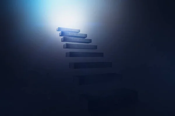 Concrete stairs going up with light shining on the top. Dark blue background. Concept of success and business goal achievement. 3d rendering copy space